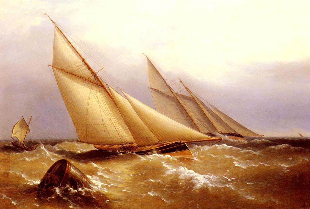 Schooner And Cutter Yacht Rounding A Buoy